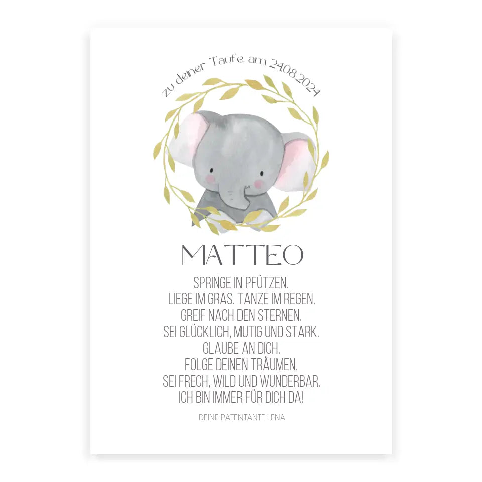 Taufspruch Bild Patenkind Geschenk Elefant
