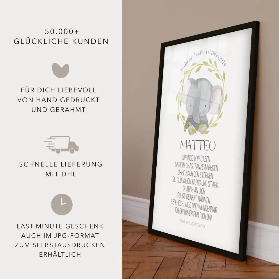 Taufspruch Bild Patenkind Geschenk Elefant