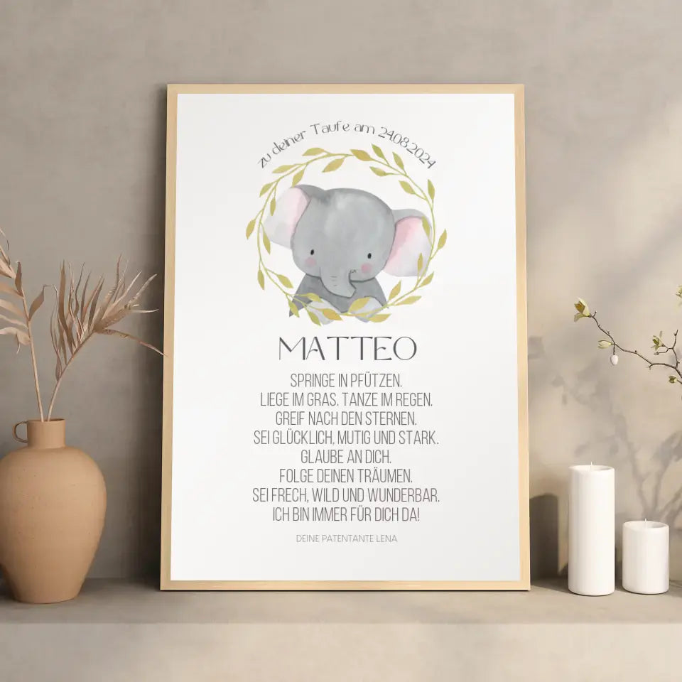 Taufspruch Bild Patenkind Geschenk Elefant