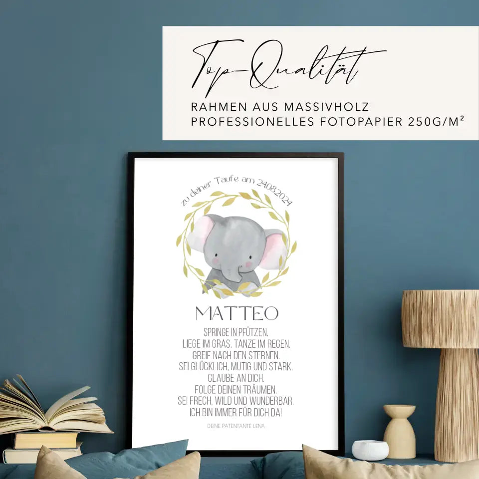 Taufspruch Bild Patenkind Geschenk Elefant