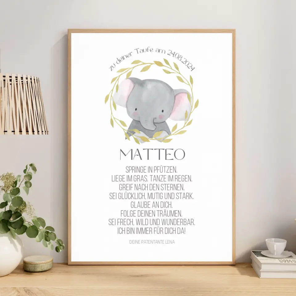 Taufspruch Bild Patenkind Geschenk Elefant