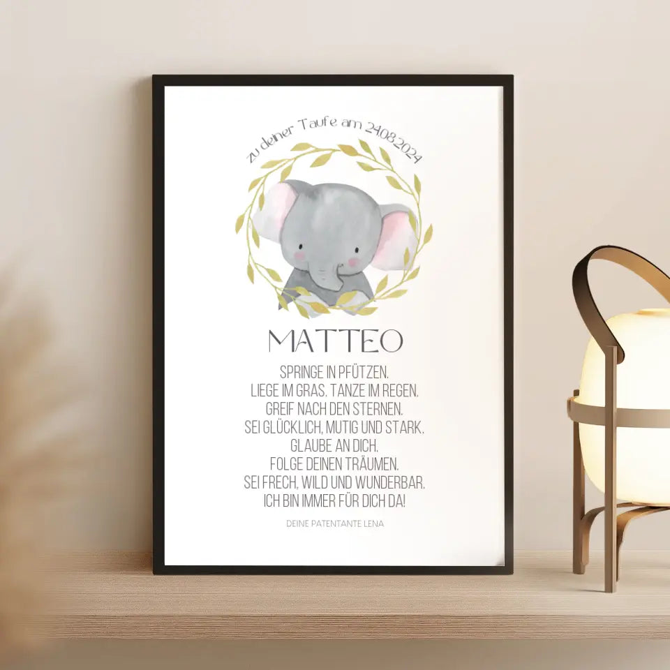 Taufspruch Bild Patenkind Geschenk Elefant