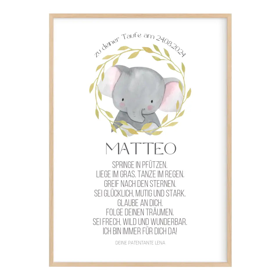 Taufspruch Bild Patenkind Geschenk Elefant