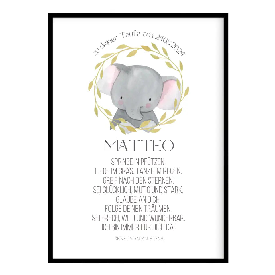 Taufspruch Bild Patenkind Geschenk Elefant