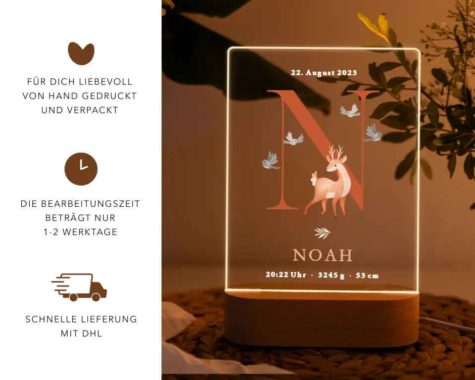Nachtlicht LED Geschenk zur Geburt Tier Aquarell