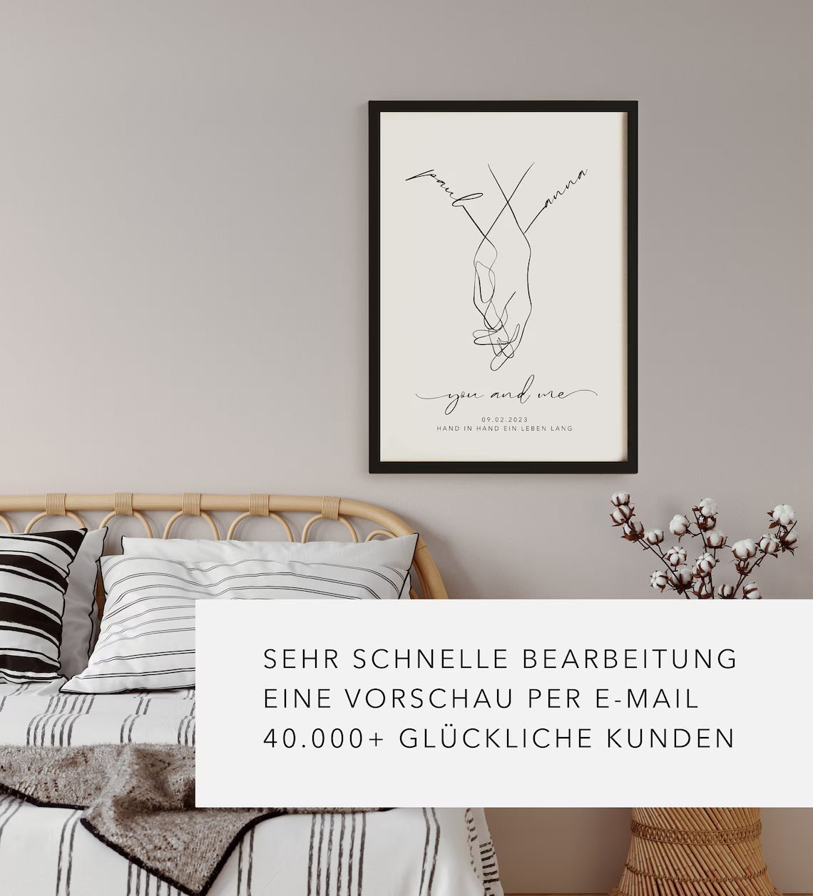 Hochzeitsgeschenk personalisiert mit Namen & Datum - Bild Brautpaar Hand in Hand