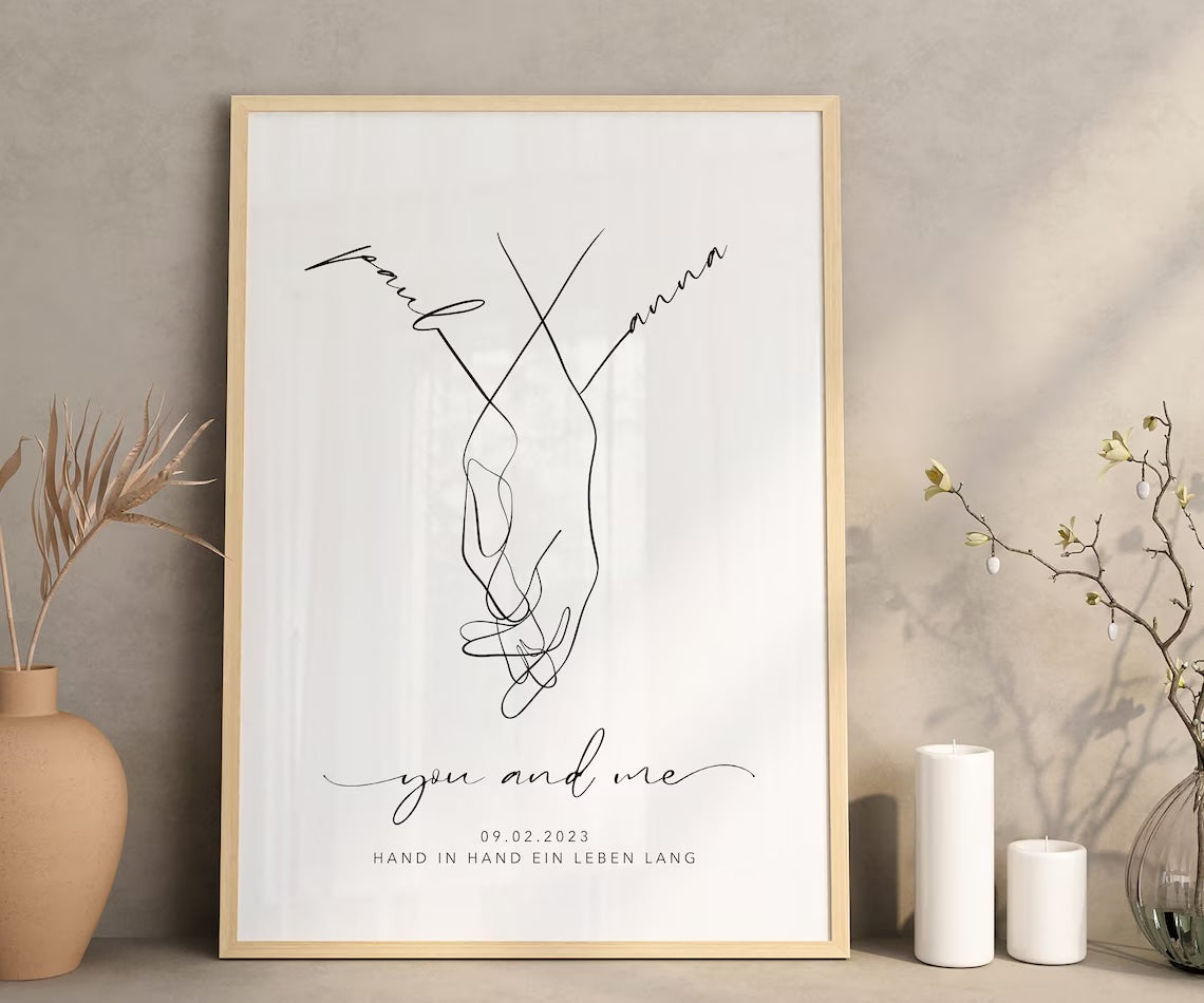 Hochzeitsgeschenk personalisiert mit Namen & Datum - Bild Brautpaar Hand in Hand
