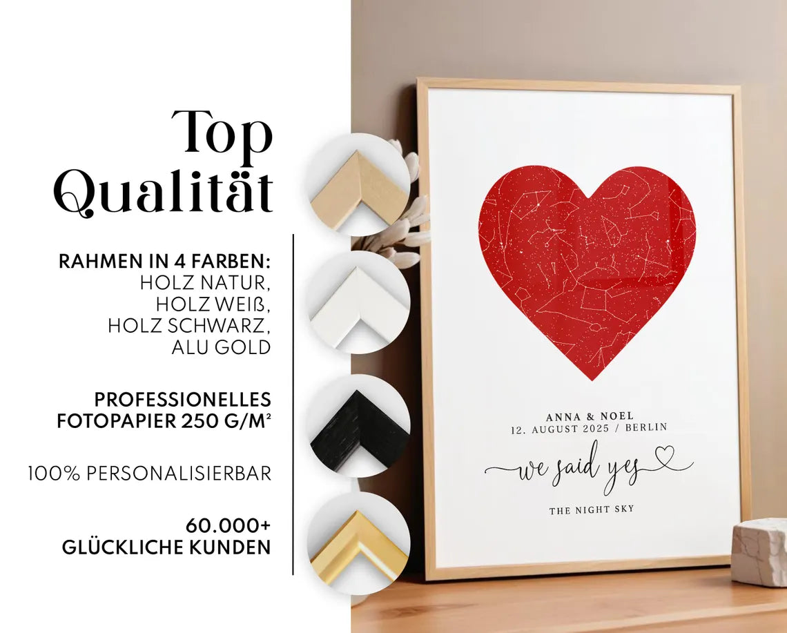 We said yes Poster – Personalisiertes Sternenhimmel Geschenk zur Verlobung oder Hochzeit mit Herz für Brautpaar