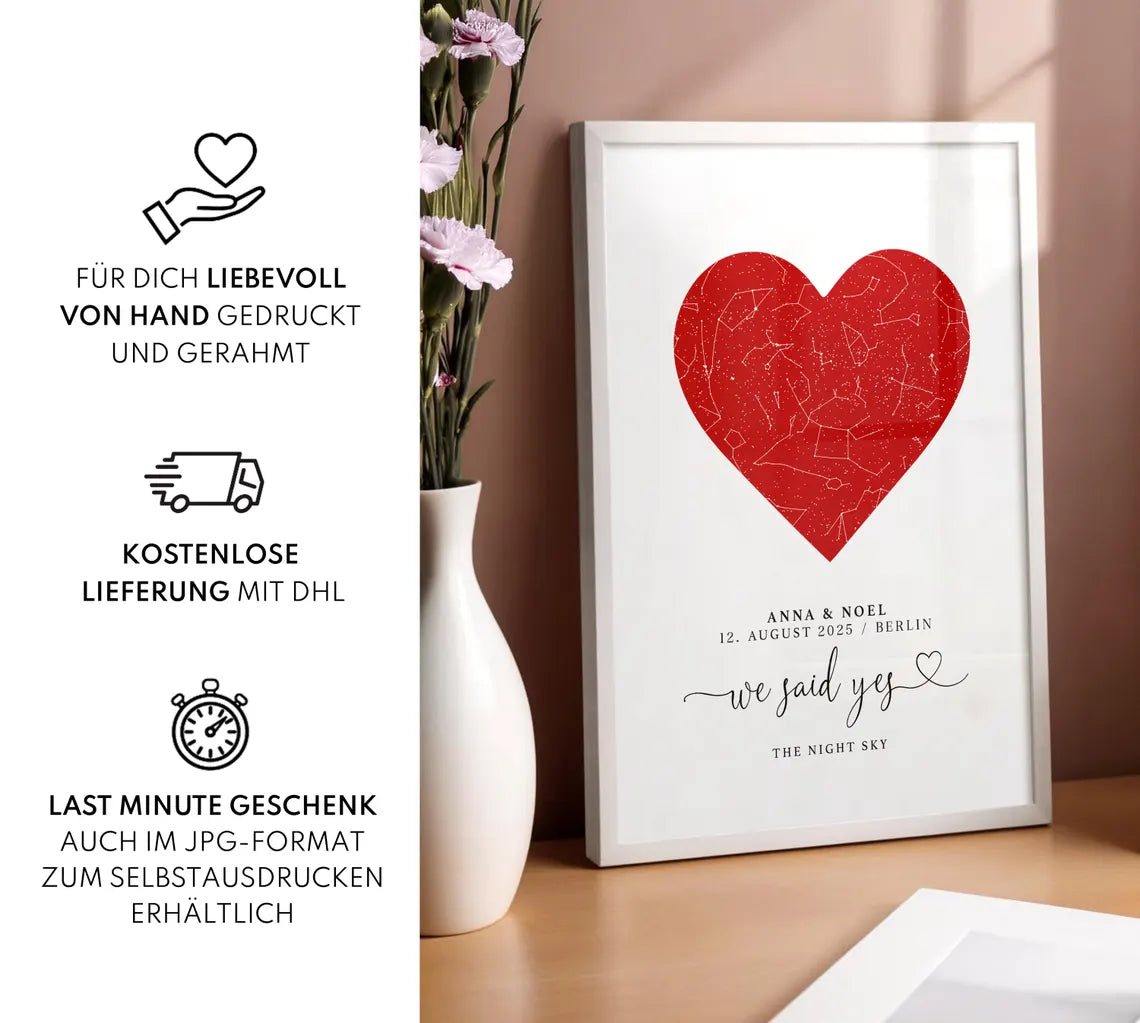 We said yes Poster – Personalisiertes Sternenhimmel Geschenk zur Verlobung oder Hochzeit mit Herz für Brautpaar