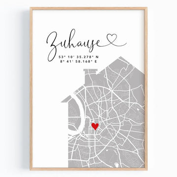 Zuhause Poster mit Haus rechts - Personalisierte Stadtkarte