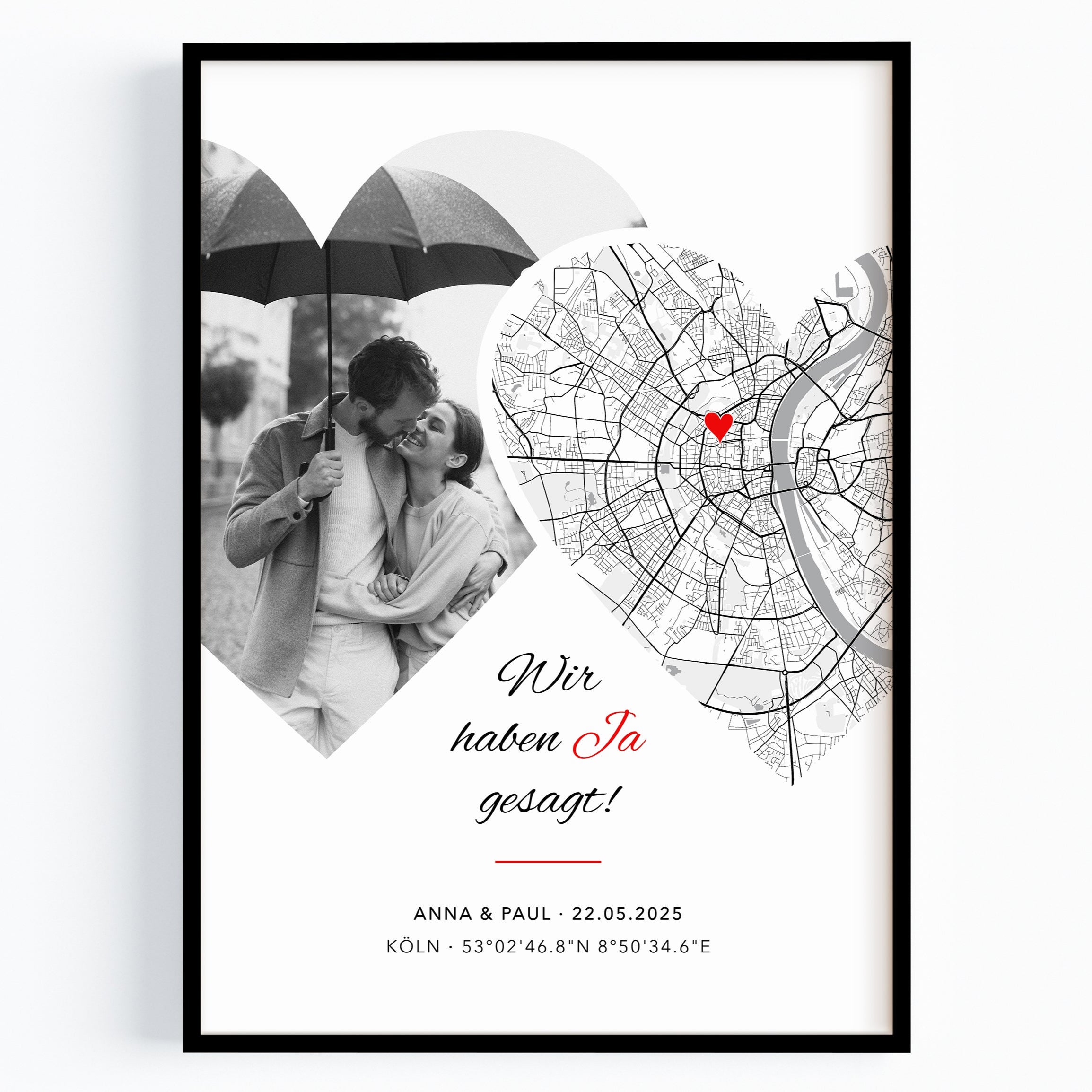 Foto Poster JA mit Stadtkarte – Hochzeitstag Geschenk für Brautpaar