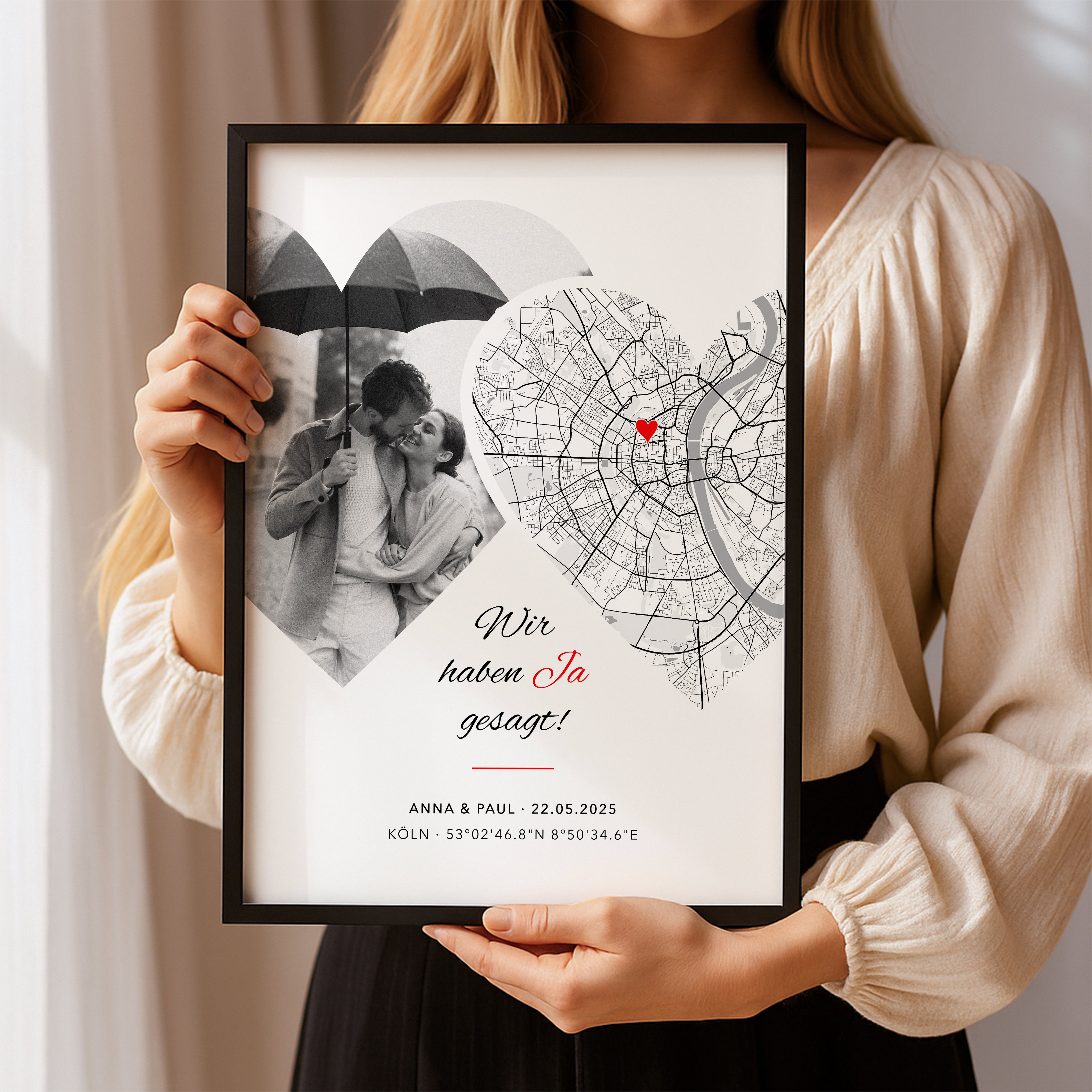 Foto Poster JA mit Stadtkarte – Hochzeitstag Geschenk für Brautpaar