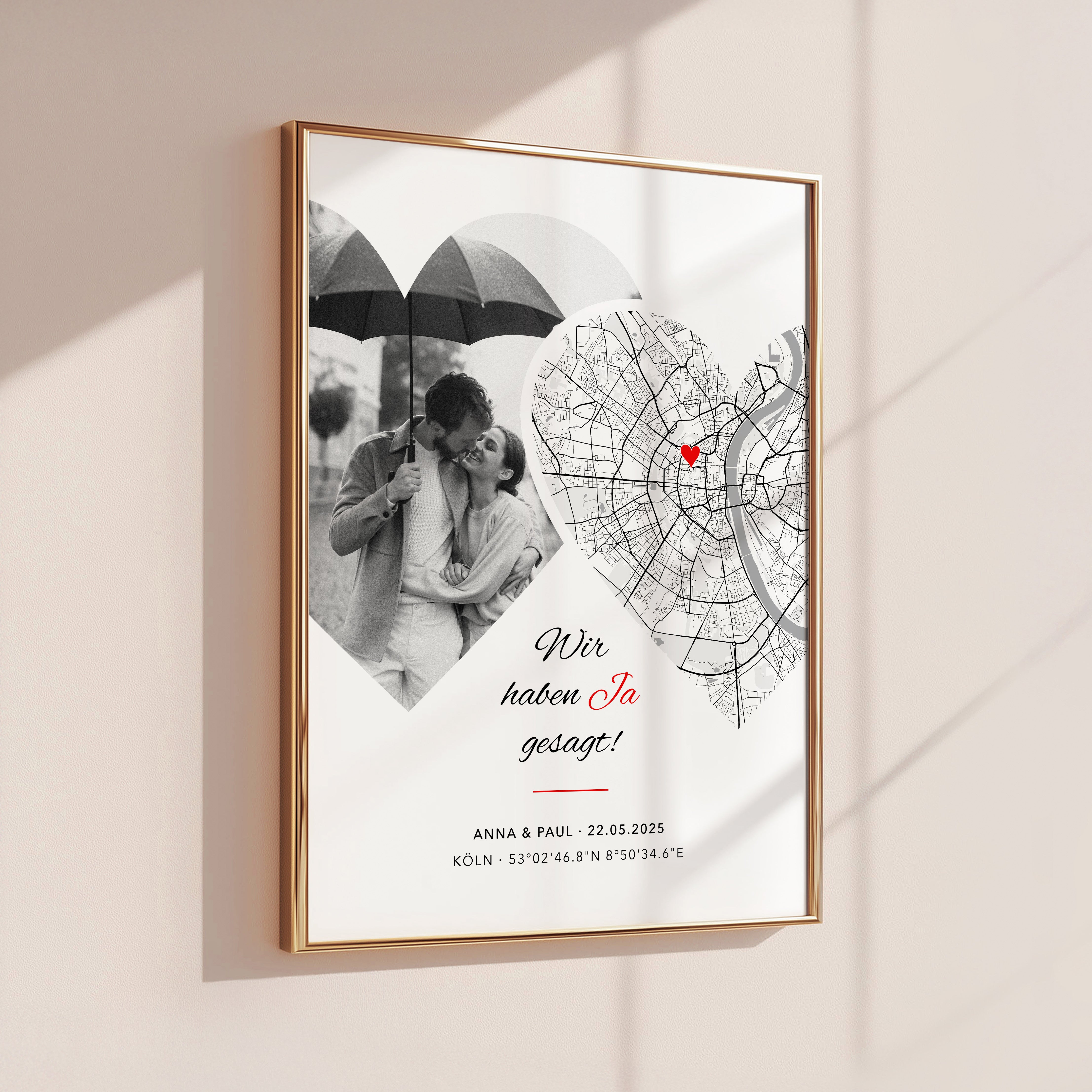 Foto Poster JA mit Stadtkarte – Hochzeitstag Geschenk für Brautpaar