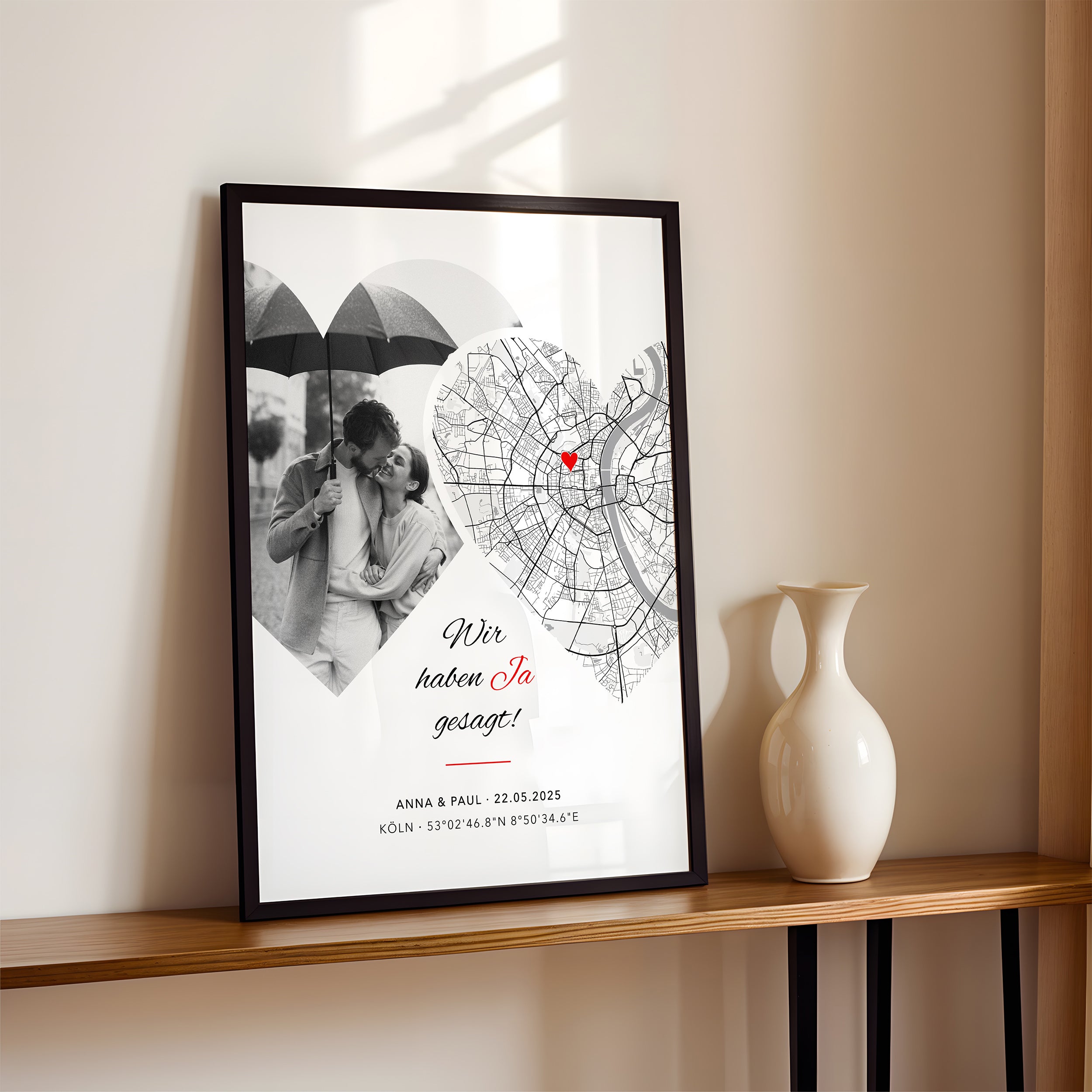 Foto Poster JA mit Stadtkarte – Hochzeitstag Geschenk für Brautpaar