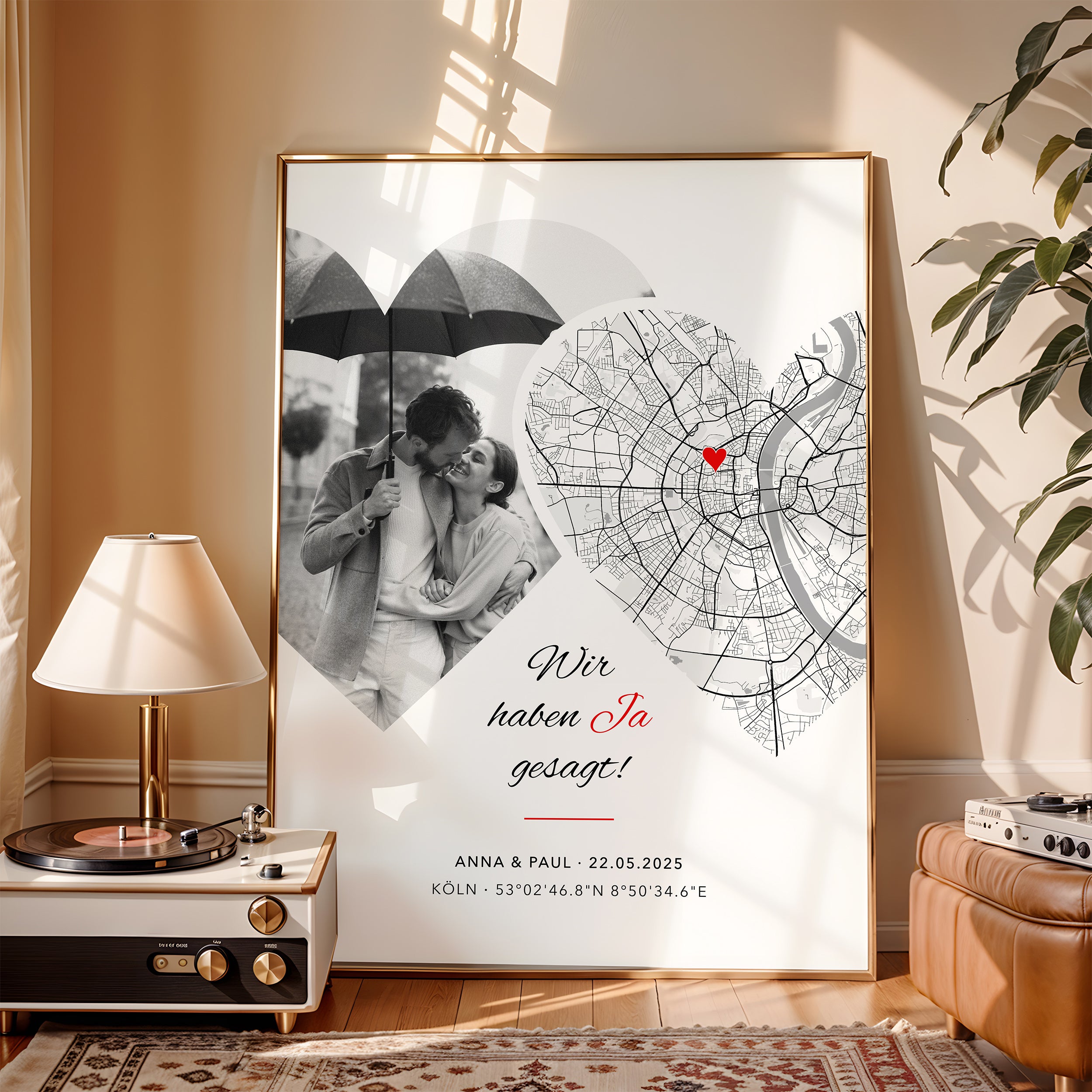 Foto Poster JA mit Stadtkarte – Hochzeitstag Geschenk für Brautpaar