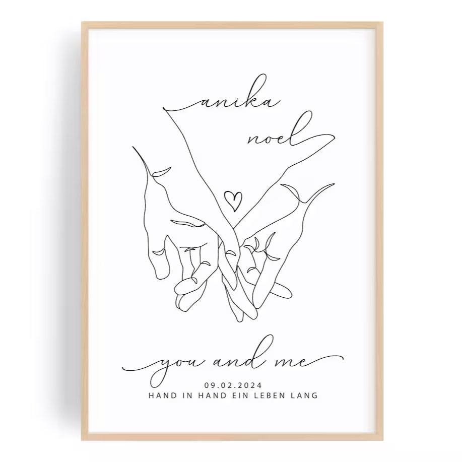 Lineart Hochzeitsgeschenk – Hand in Hand Bild für Brautpaar