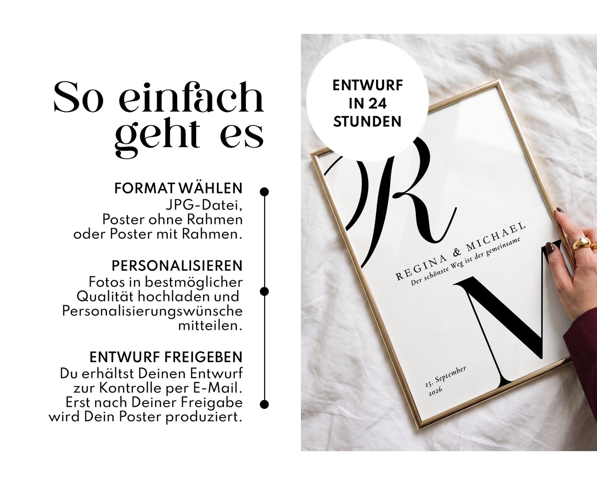 Personalisiertes Hochzeitsposter mit Initialen, Namen & Datum – Hochzeitsgeschenk für das Brautpaar