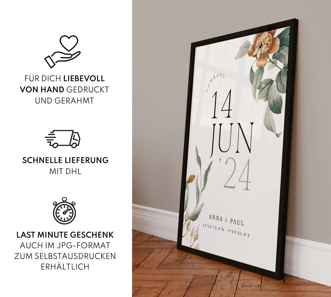 Hochzeitsbild mit Datum & Koordinaten – Geschenk für Brautpaar