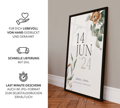 Hochzeitsbild mit Datum & Koordinaten – Geschenk für Brautpaar