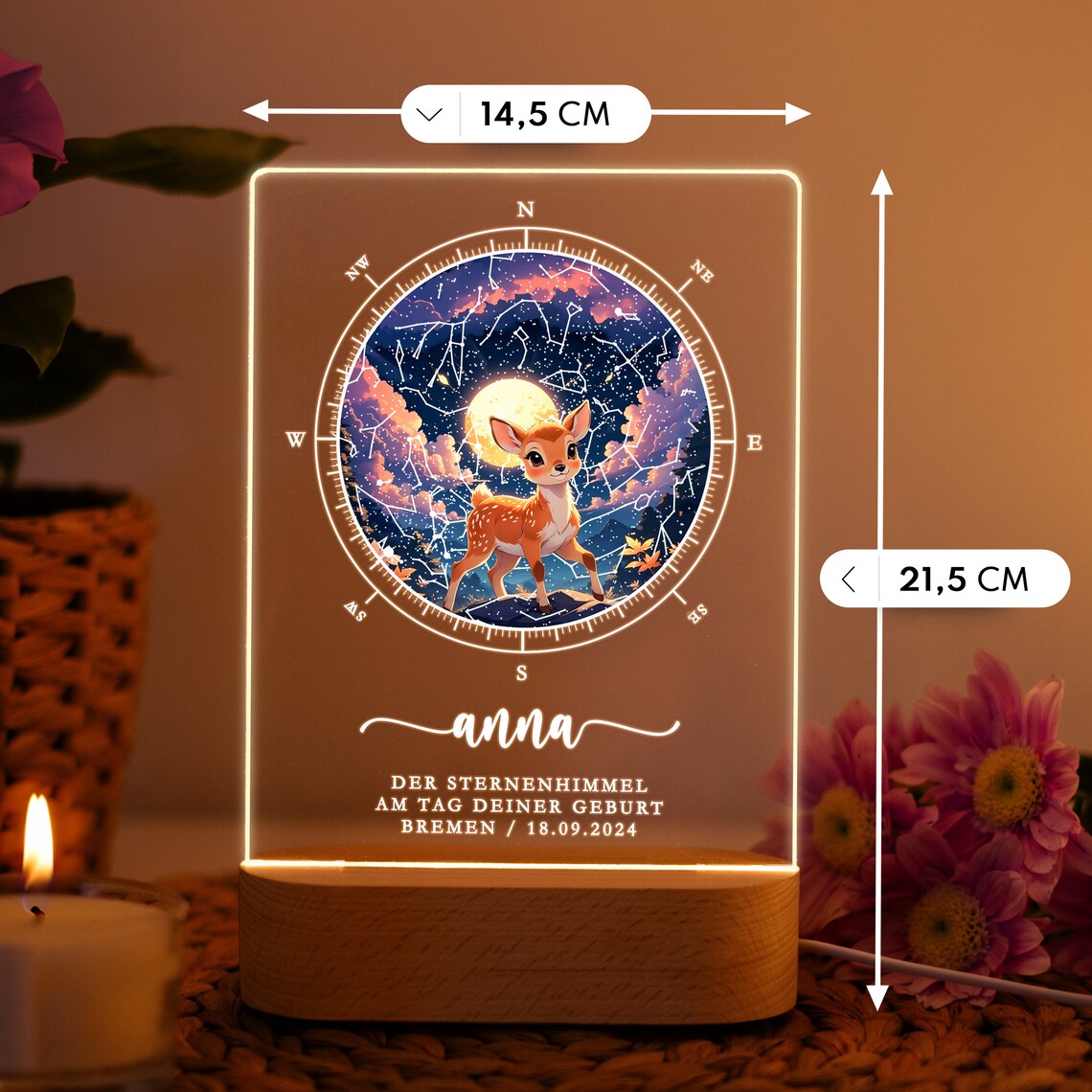 LED Nachtlicht – Personalisierte Rehkitz Sternenkarte für Kinder