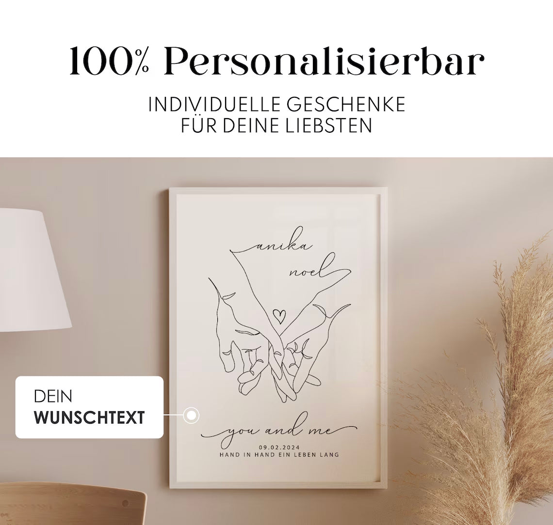 Lineart Hochzeitsgeschenk – Hand in Hand Bild für Brautpaar