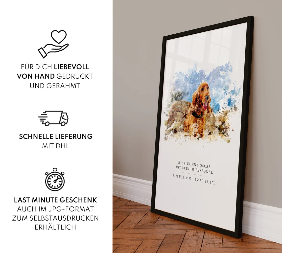 Haustier Portrait mit Koordinaten – Geschenk für Tierbesitzer