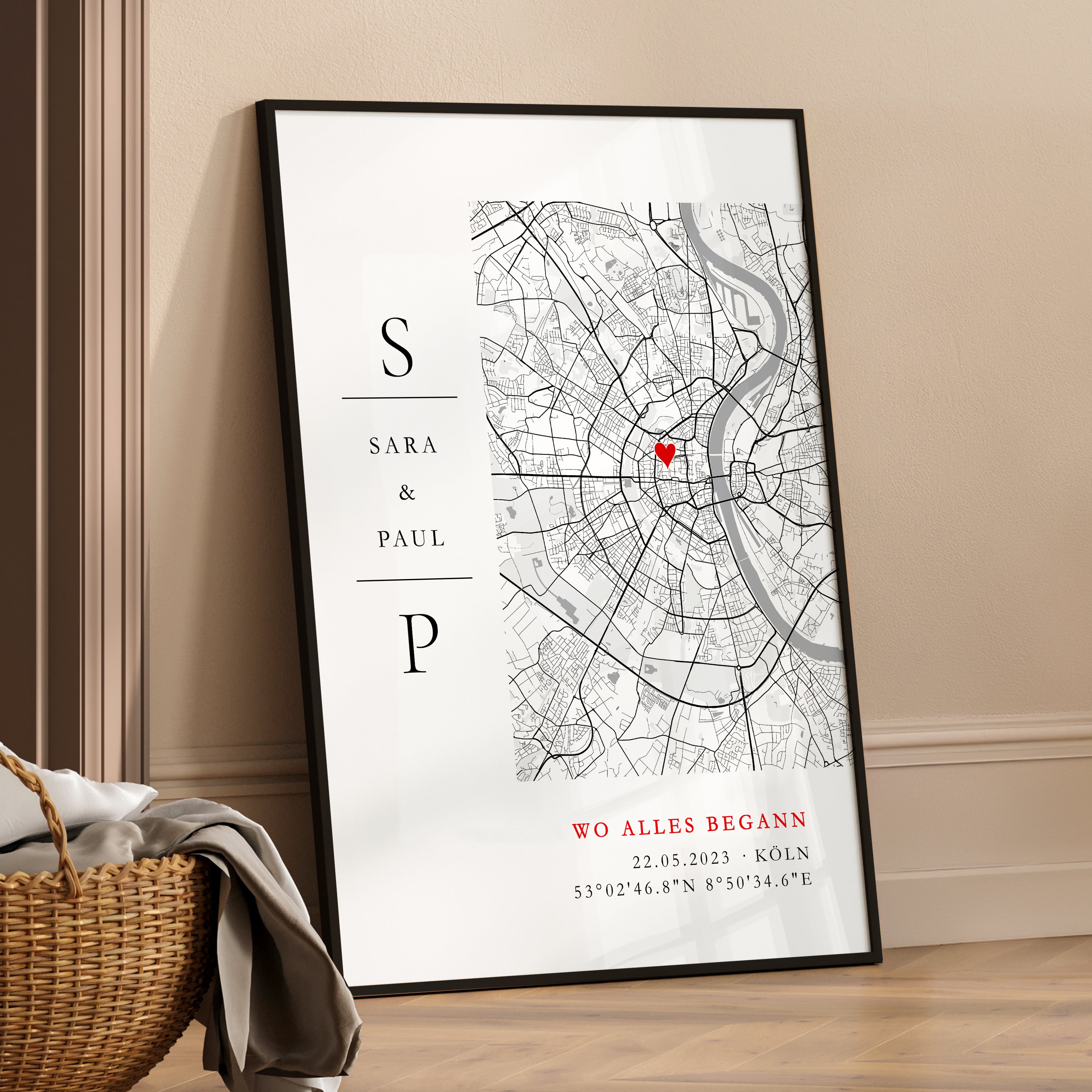 Stadtkarte mit Koordinaten personalisiert - Jahrestag Geschenk für ihn & sie