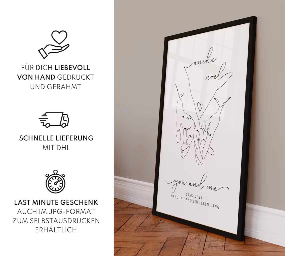 Lineart Hochzeitsgeschenk – Hand in Hand Bild für Brautpaar