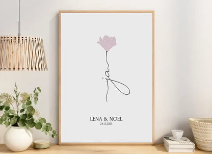 Personalisiertes JA Poster Geschenk für Brautpaar zur Hochzeit minimalistische Zeichnung Blume