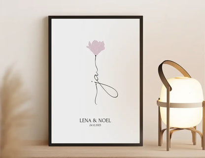 Personalisiertes JA Poster Geschenk für Brautpaar zur Hochzeit minimalistische Zeichnung Blume