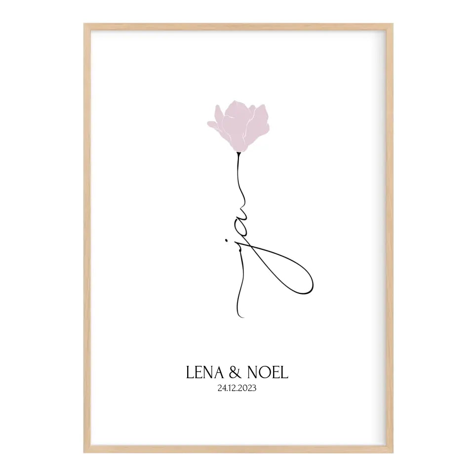 Personalisiertes JA Poster Geschenk für Brautpaar zur Hochzeit minimalistische Zeichnung Blume