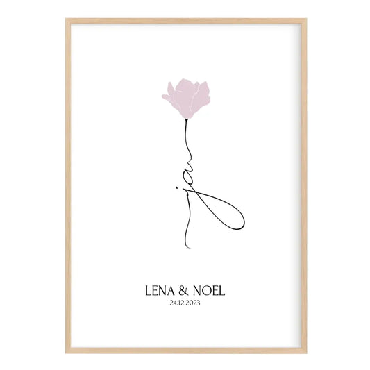 Personalisiertes JA Poster Geschenk für Brautpaar zur Hochzeit minimalistische Zeichnung Blume