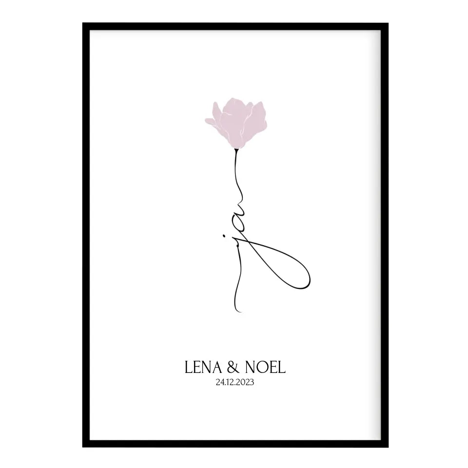 Personalisiertes JA Poster Geschenk für Brautpaar zur Hochzeit minimalistische Zeichnung Blume