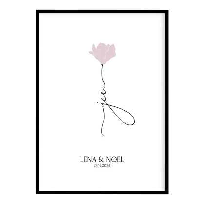 Personalisiertes JA Poster Geschenk für Brautpaar zur Hochzeit minimalistische Zeichnung Blume