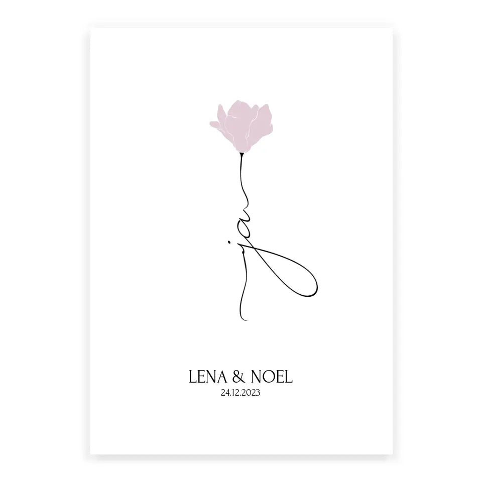 Personalisiertes JA Poster Geschenk für Brautpaar zur Hochzeit minimalistische Zeichnung Blume