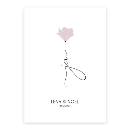 Personalisiertes JA Poster Geschenk für Brautpaar zur Hochzeit minimalistische Zeichnung Blume