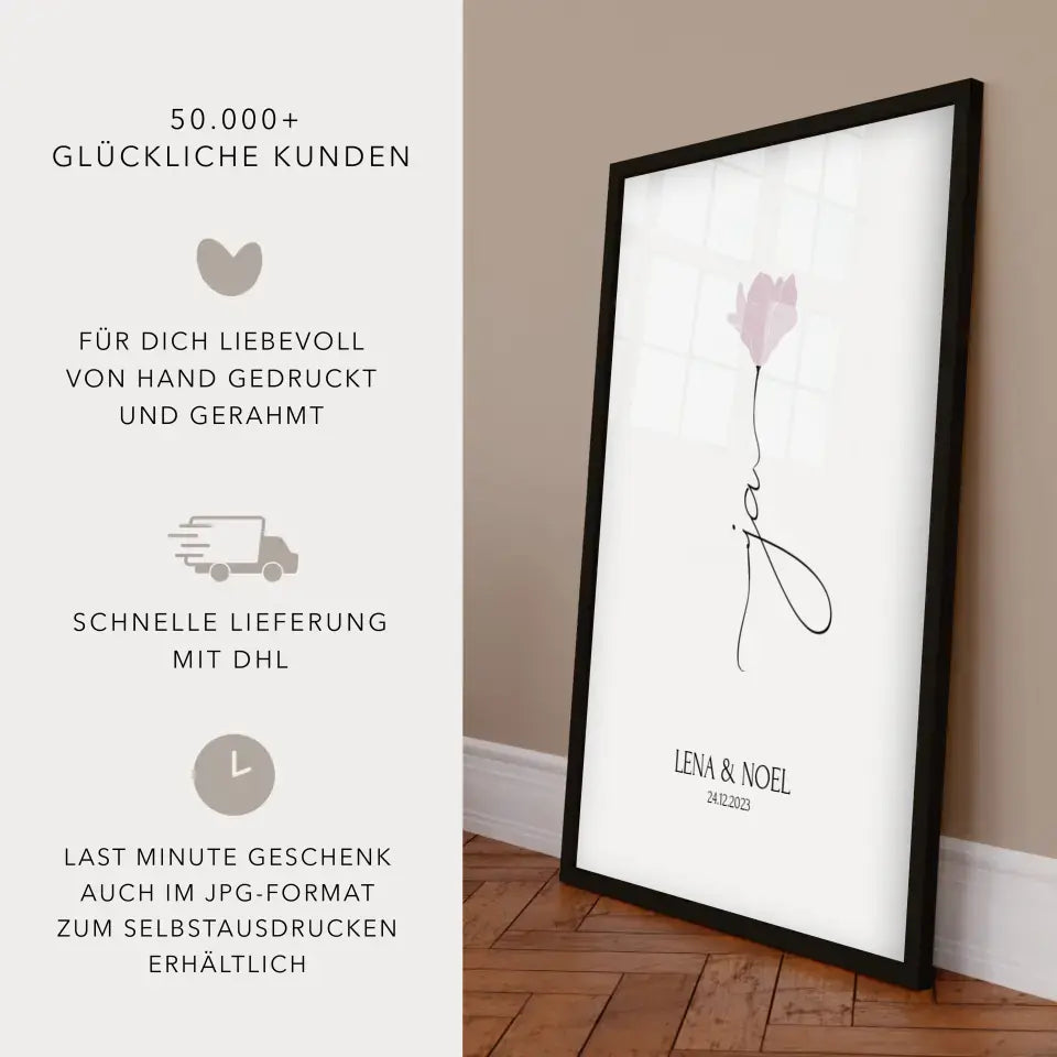 Personalisiertes JA Poster Geschenk für Brautpaar zur Hochzeit minimalistische Zeichnung Blume