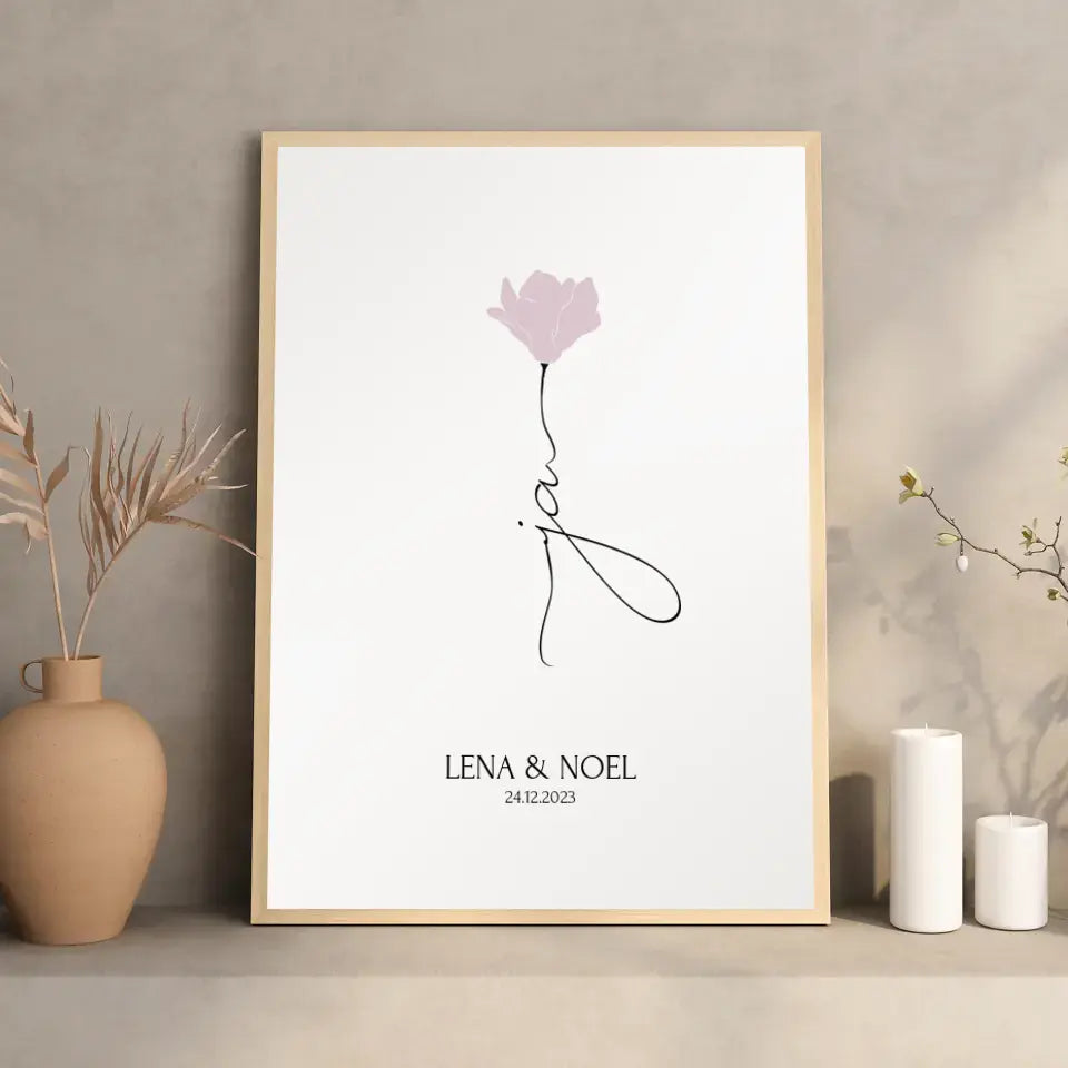 Personalisiertes JA Poster Geschenk für Brautpaar zur Hochzeit minimalistische Zeichnung Blume