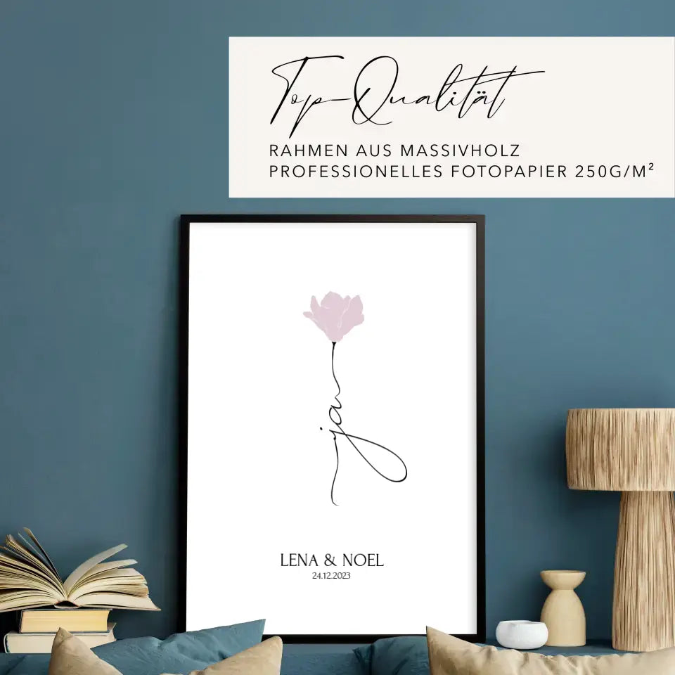 Personalisiertes JA Poster Geschenk für Brautpaar zur Hochzeit minimalistische Zeichnung Blume