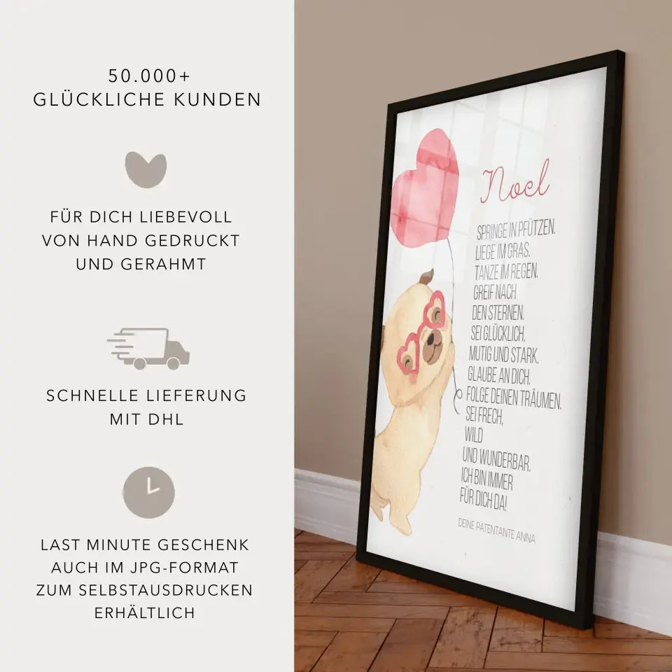 Taufgeschenk Patenkind Taufbild mit Mops