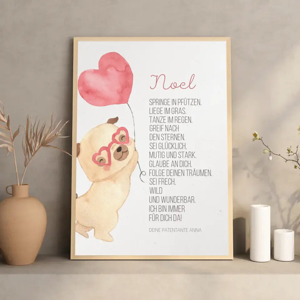 Taufgeschenk Patenkind Taufbild mit Mops