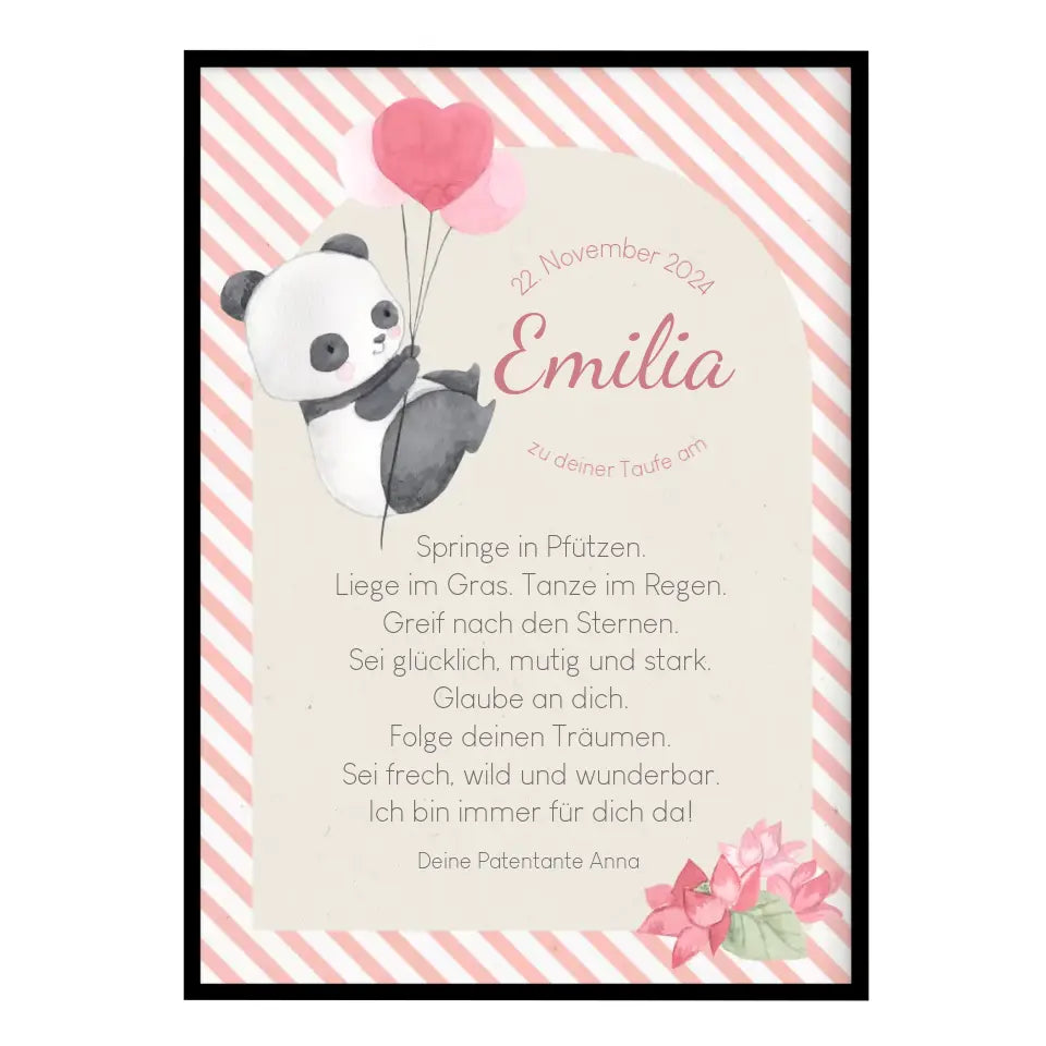 Patenbrief für Patenkind Panda mit rosa Luftballons