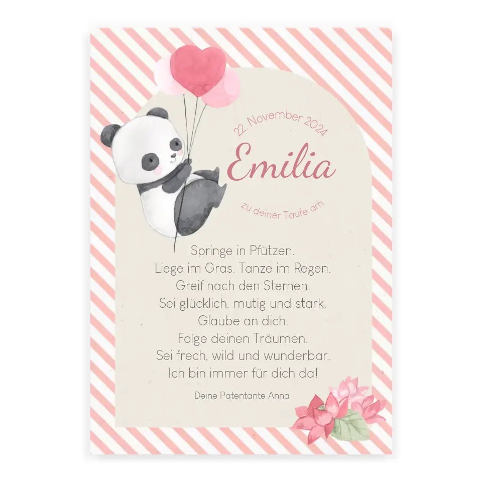 Patenbrief für Patenkind Panda mit rosa Luftballons