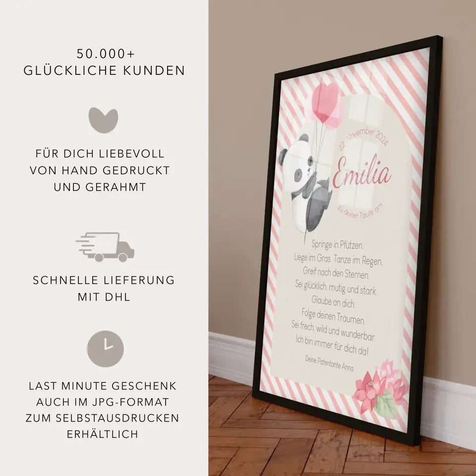 Patenbrief für Patenkind Panda mit rosa Luftballons