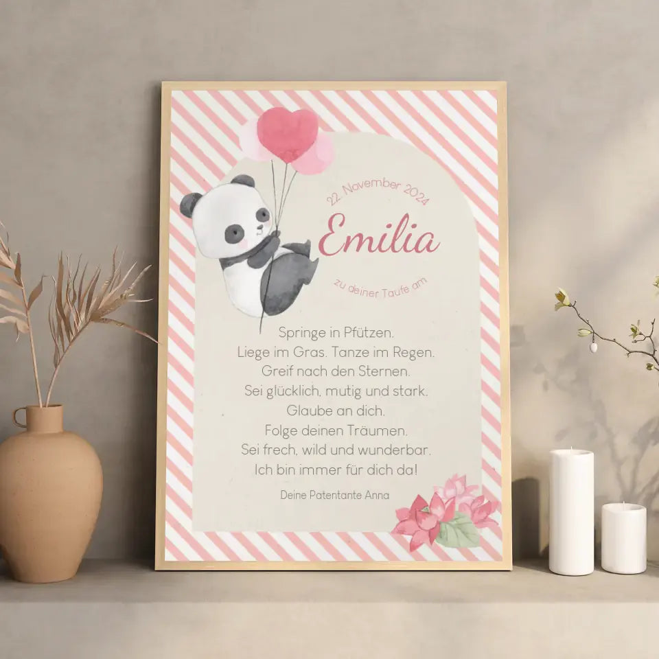 Patenbrief für Patenkind Panda mit rosa Luftballons