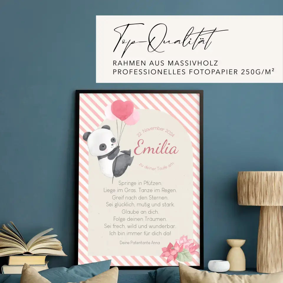 Patenbrief für Patenkind Panda mit rosa Luftballons