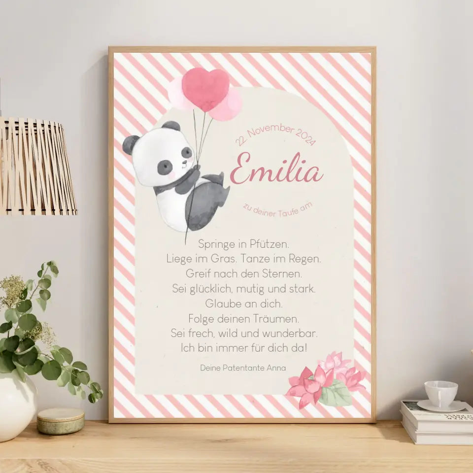 Patenbrief für Patenkind Panda mit rosa Luftballons