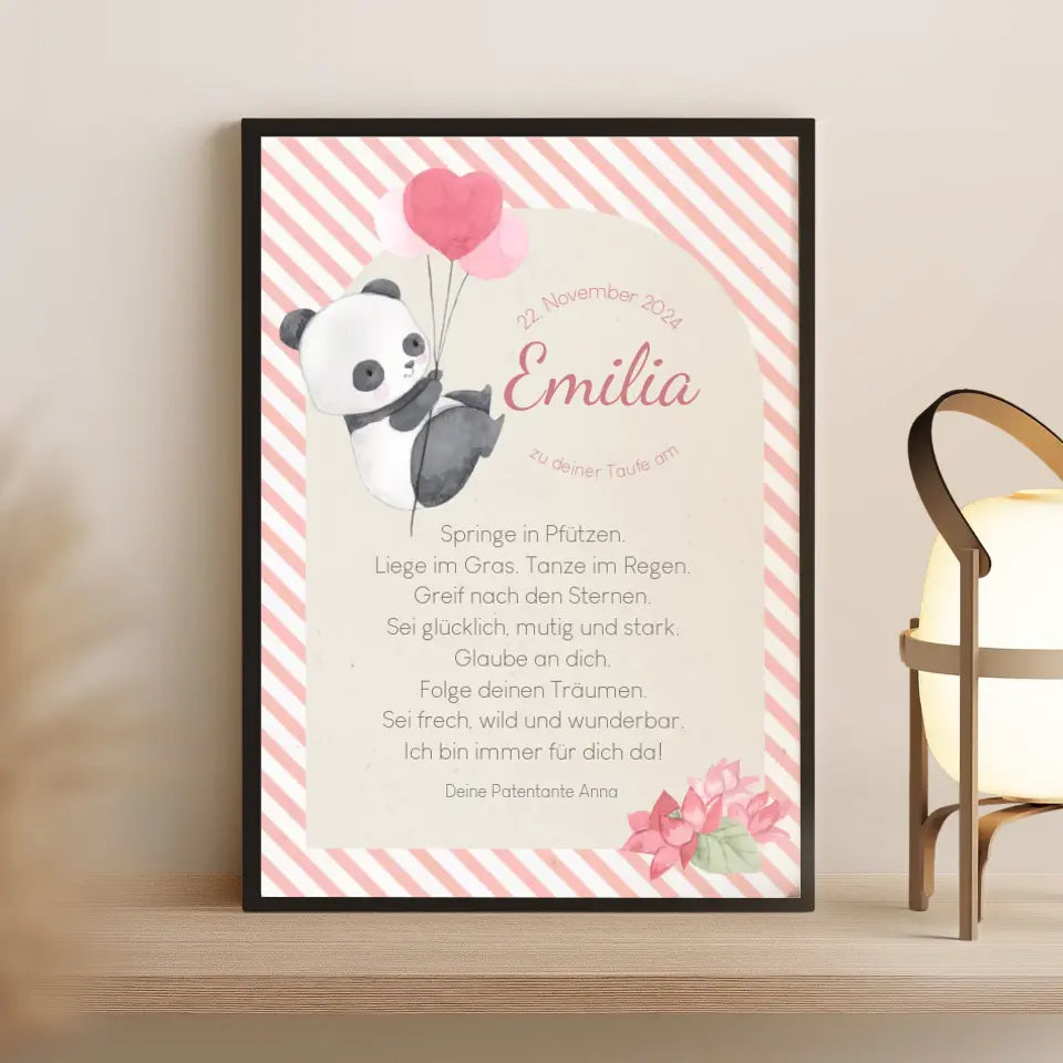 Patenbrief für Patenkind Panda mit rosa Luftballons