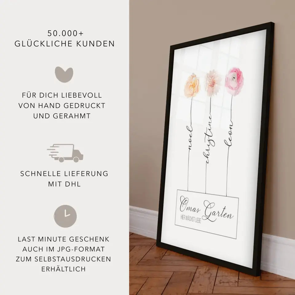 Beste Oma Geschenk zum Muttertag - Poster Omas Garten (max. 8 Blumen)