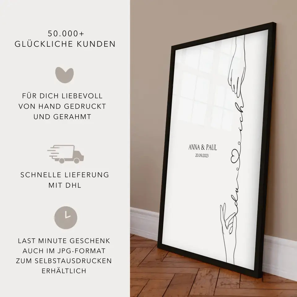 Personalisiertes Hochzeitsgeschenk Poster Hand Hände minimalistische Zeichnung